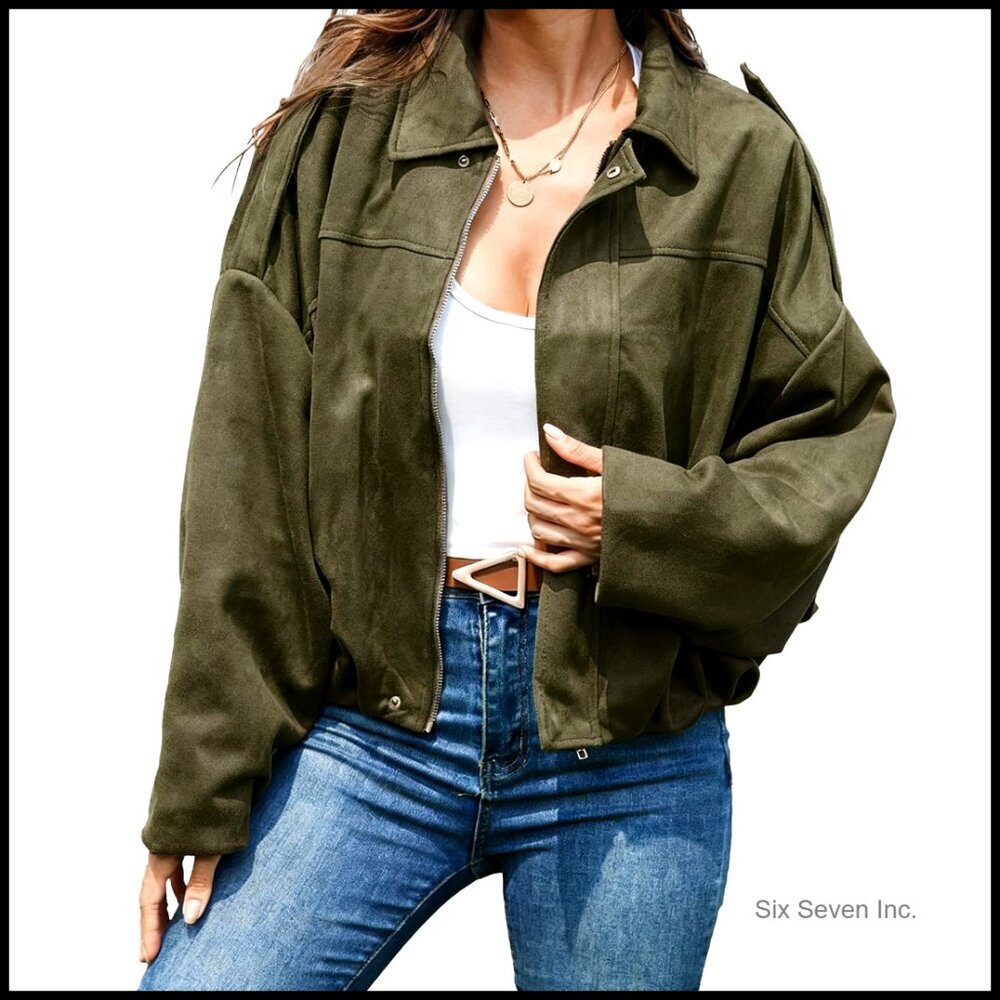 Oversized Faux Suede Bomber Jacket Cropped Zip Up Streetwear Outerwear